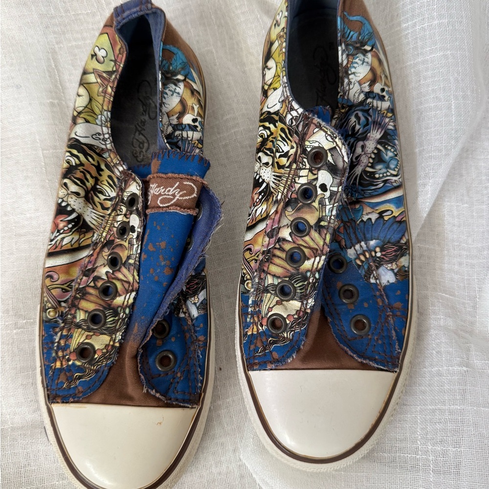 Ed Hardy Blue and Brown Canvas Sneakers